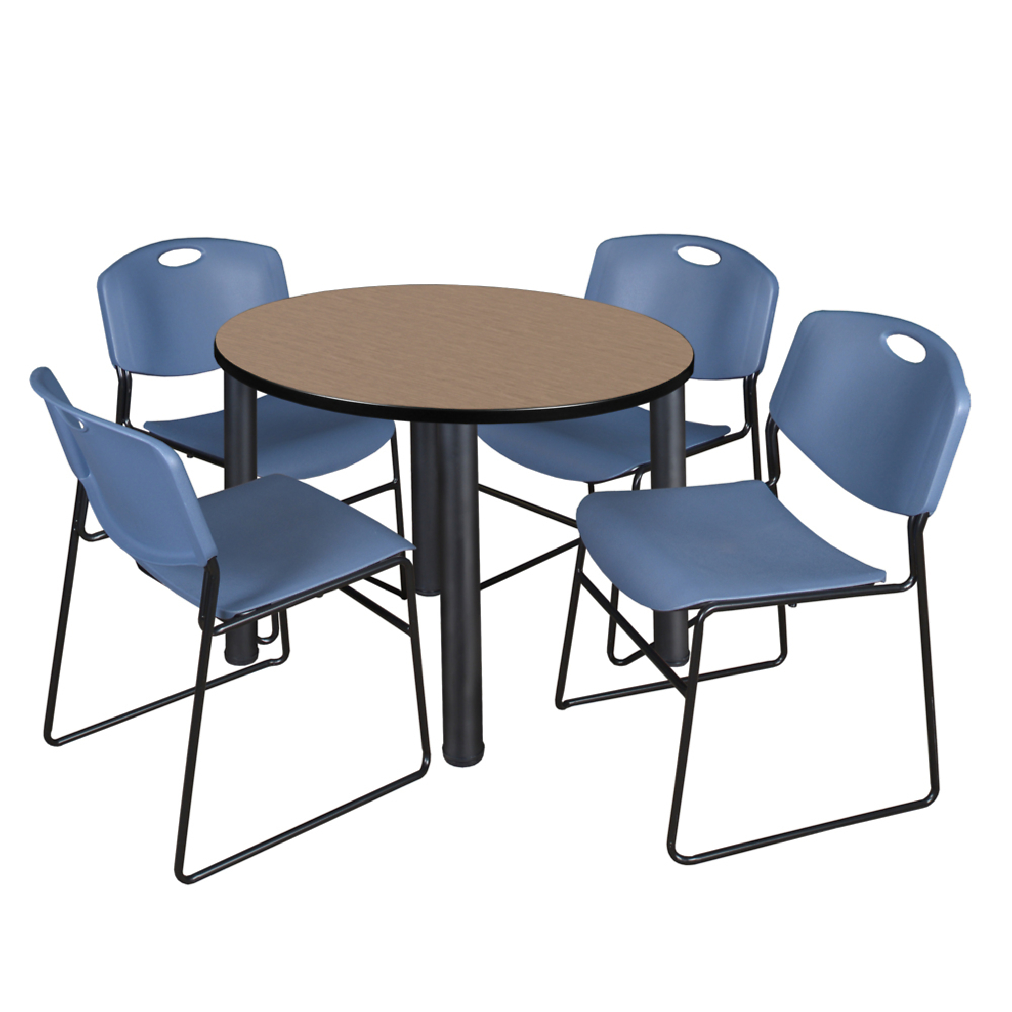 Regency Kee Round Breakroom Table Set — 36in., Noble Oak/Black, 4 Blue Zeng Stack Chairs, Model# TB36RNDNOBPBK44BE